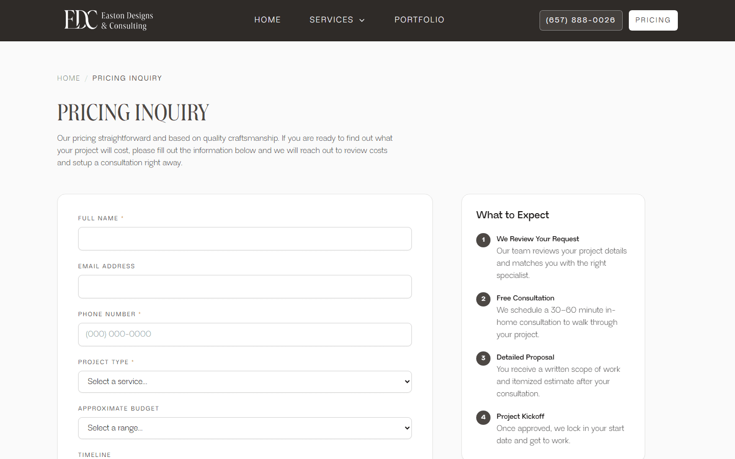 Easton Designs & Consulting, Pricing Inquiry