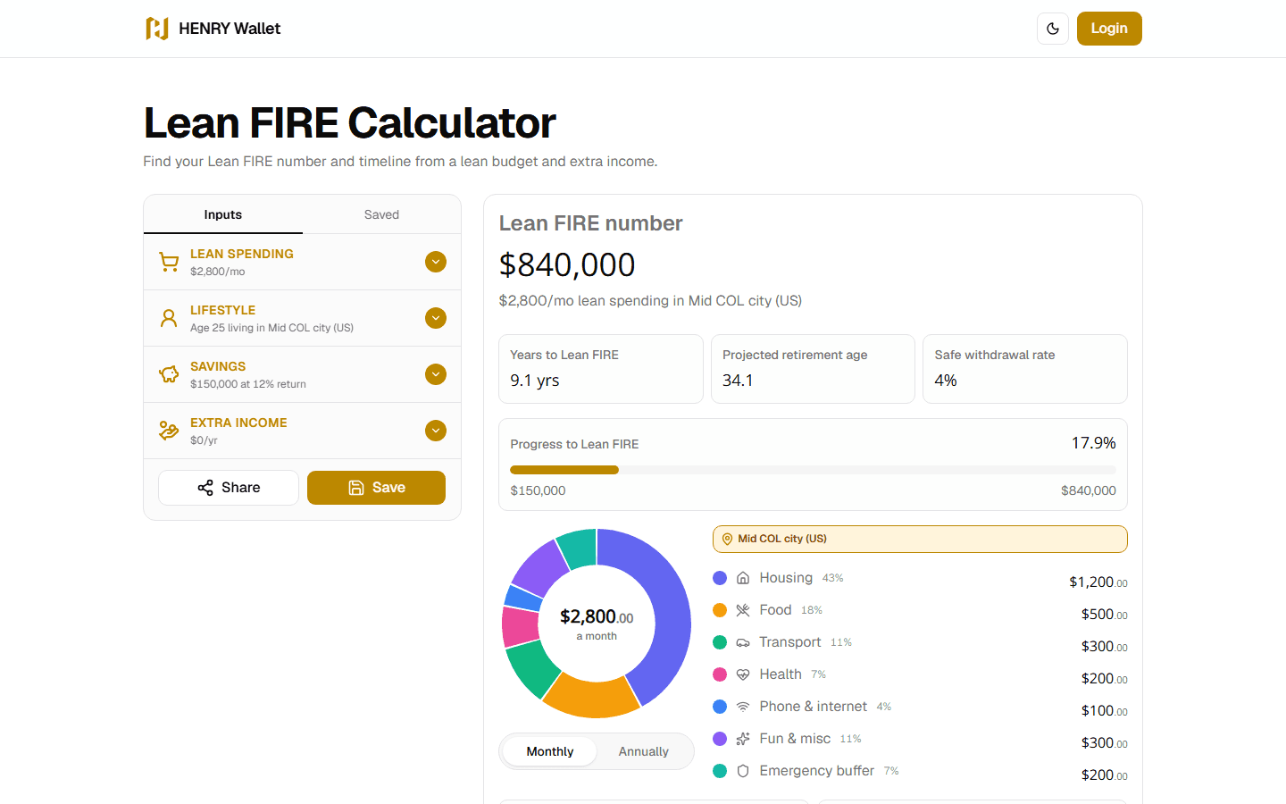 HENRY Wallet, Tools · Lean Fire Calculator