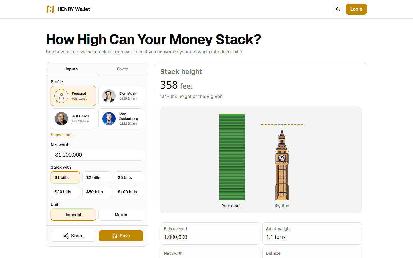 HENRY Wallet, Tools · Money Stack Calculator
