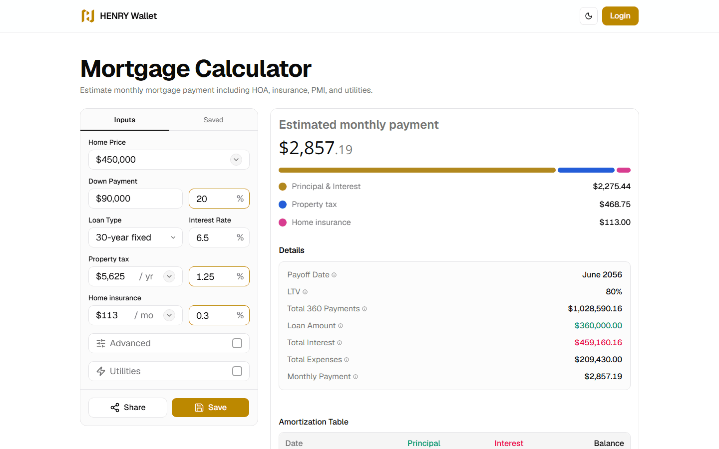 HENRY Wallet, Tools · Mortgage Calculator