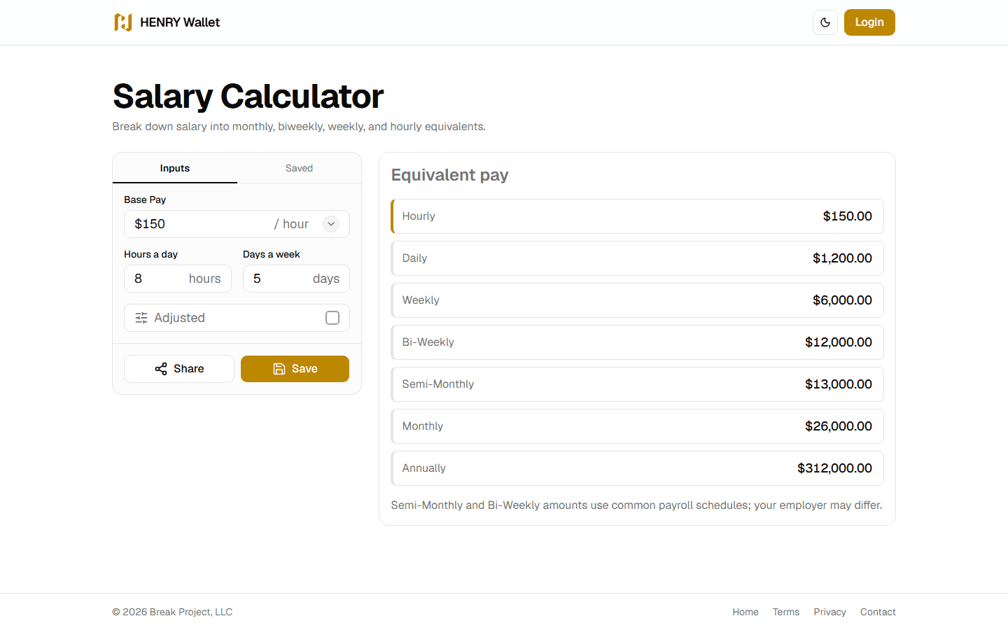 HENRY Wallet, Tools · Salary Calculator